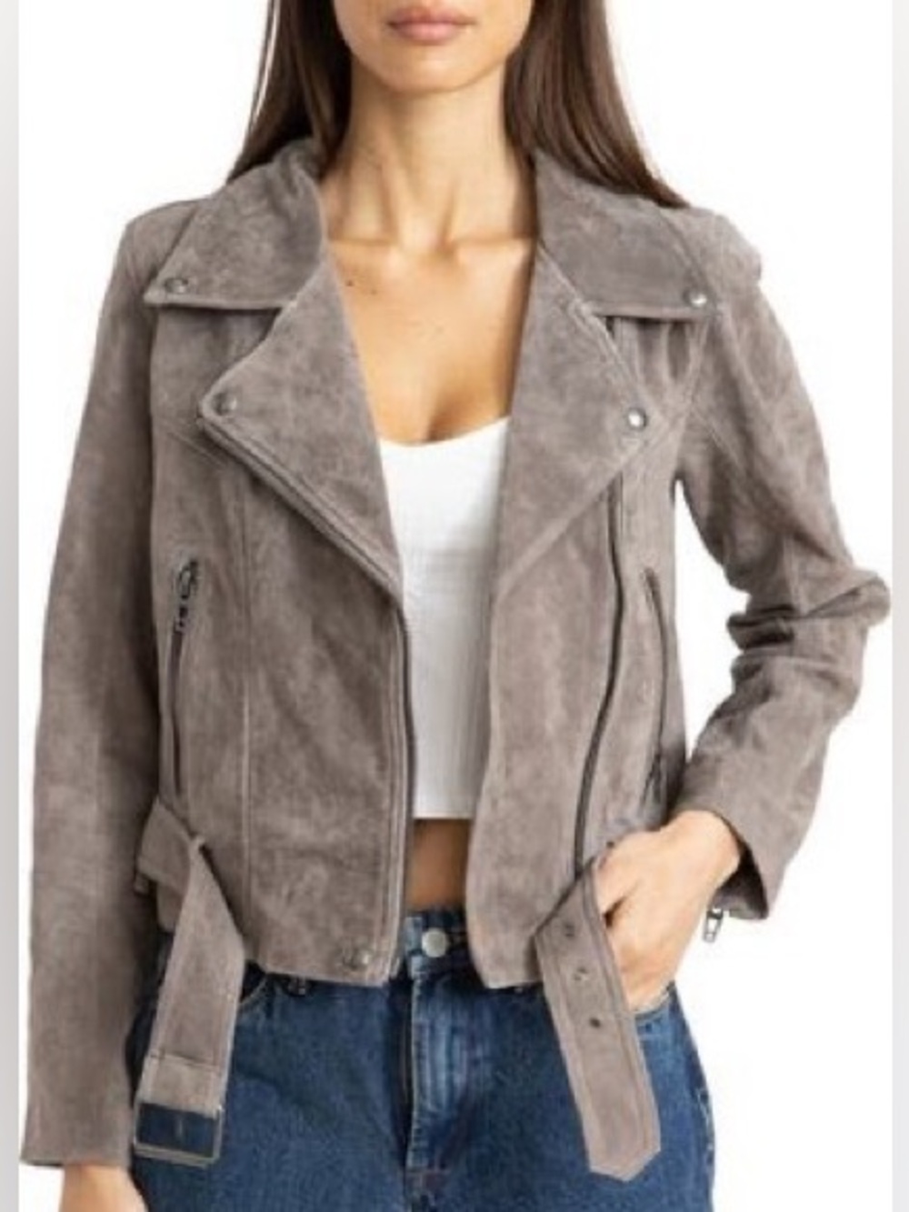 BlankNYC Tan Grey Moto Suede Leather Biker Belted Jacket, L